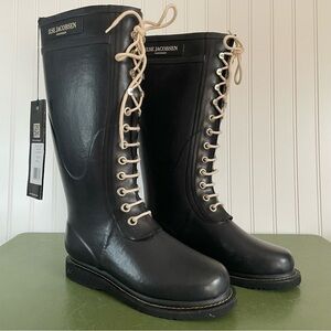 NWT Ilse Jacobsen Hornbaek Lace Front Rain Boots in Black Rubber *Serbia*